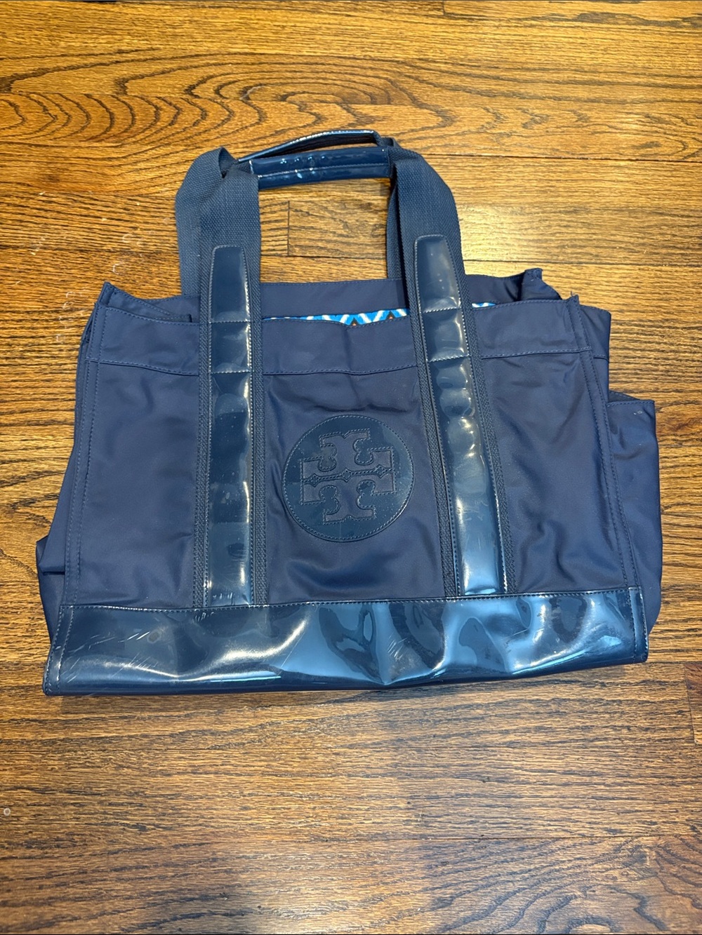 Tory Burch Navy Logo Tote with Gloss Trim